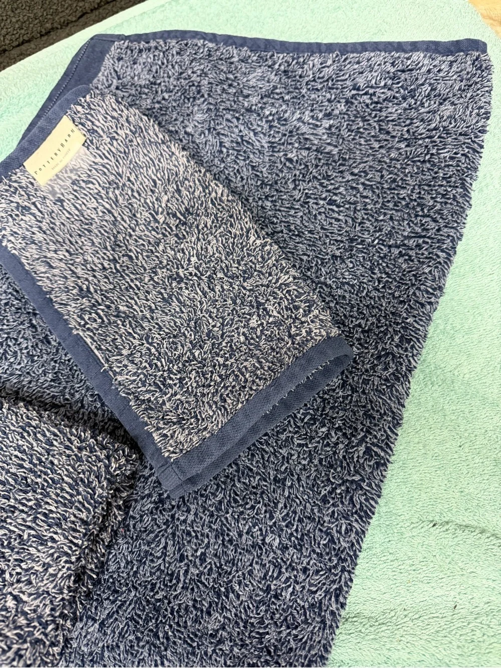 Pottery Barn (2) 11”x11” (1) 19.5”W x28”L Navy Blue Plush Terry Hand Towel